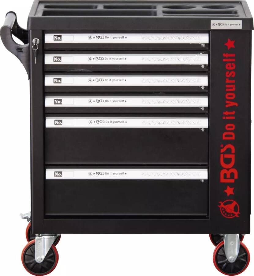 Schwarzer Werkzeugwagen auf Rollen, mit dem Etikett BGS Do it yourself, mit mehreren Schubladen und einem seitlichen Griff.