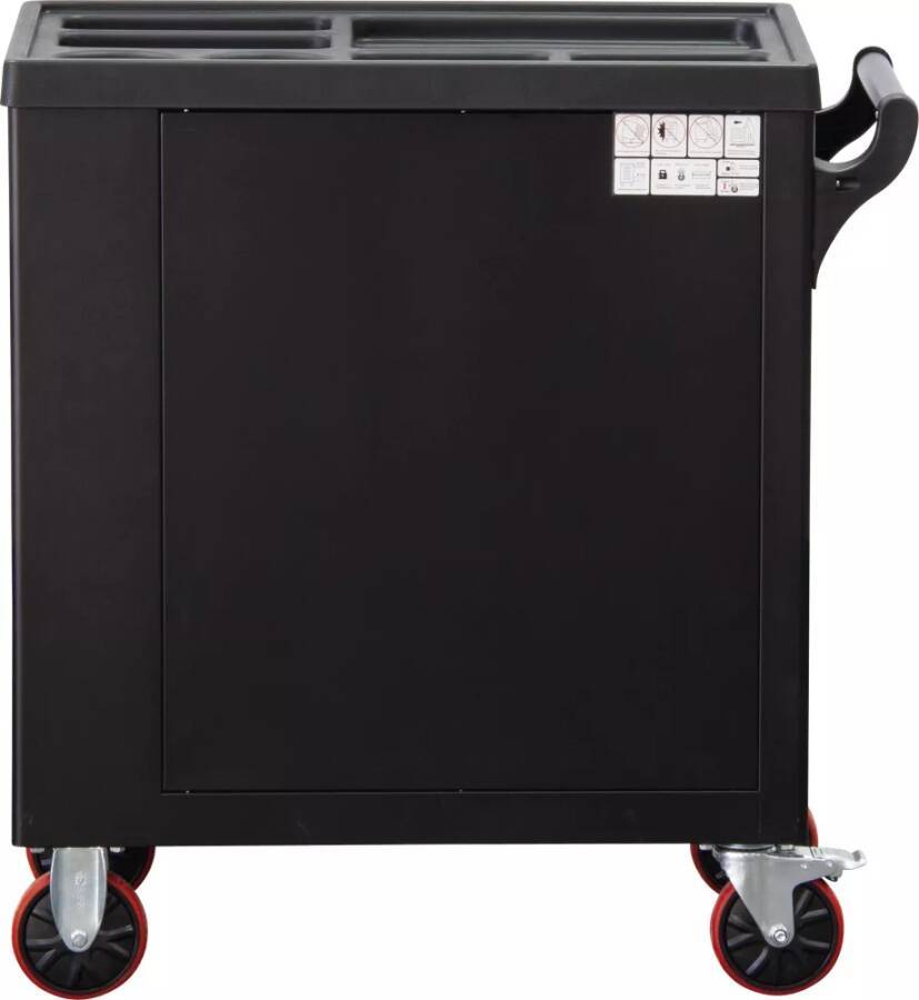 Ein schwarzer Mehrzweckwagen mit roten Rädern, ausgestattet mit einem Griff und einem kleinen Aufkleber mit Bedienungsanleitung an der Seite.