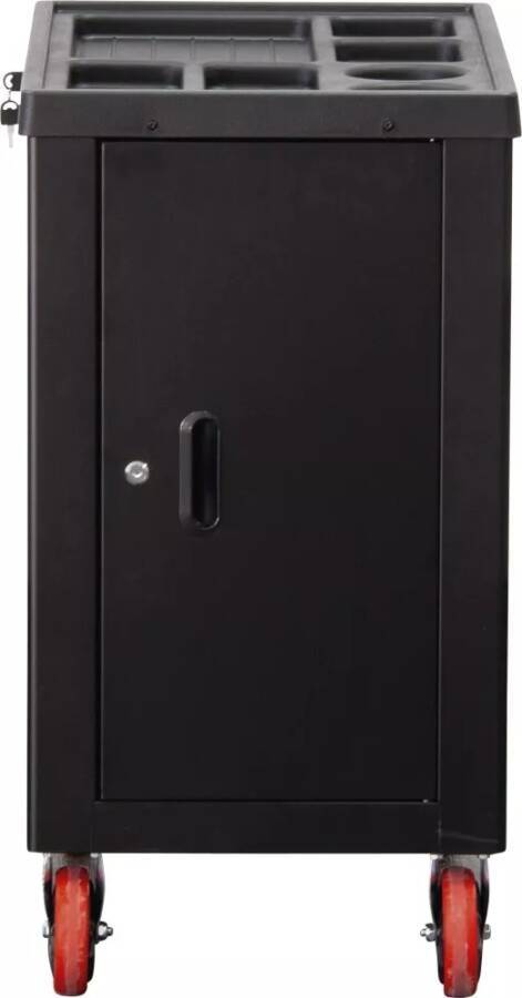 Ein geschlossener schwarzer Tresor mit einem kreisförmigen Schloss auf der linken Seite und einem vertikalen Griff in der Mitte.