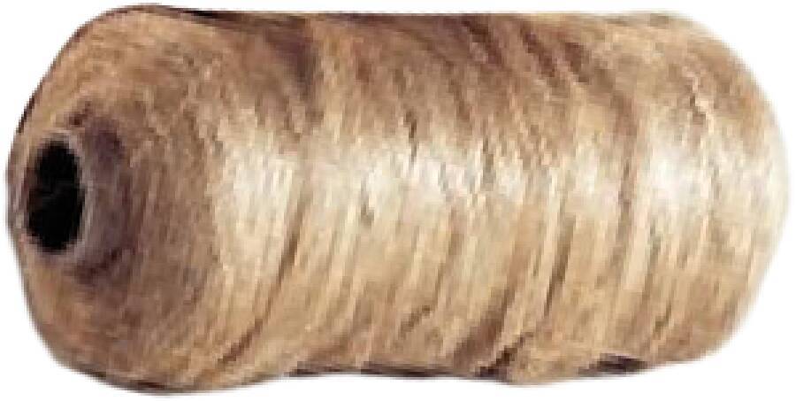 Eine Nahaufnahme einer Rolle aus naturfarbenem Bindfaden, die seine raue Textur und gewundene Erscheinung zeigt, verwendet für Bastelarbeiten oder zum Binden.