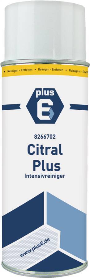 Citral Plus Intensivreiniger' Etikett auf einer weißen Flasche mit einem blauen Sechseck-Design mit 'plus 6'. Produktcode: 8266702.