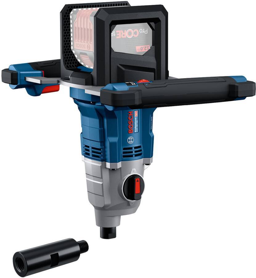 Ein blau-schwarzer elektrischer Bohrhammer von Bosch mit rotem Auslöser und abnehmbarem Bohrer, der sein Design und seine Funktionalität präsentiert.