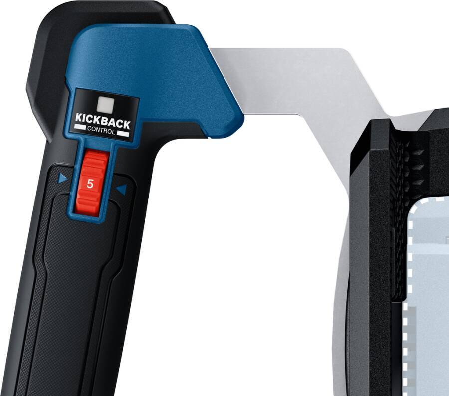 Eine Nahaufnahme eines Elektrowerkzeugs mit einem großen blauen Griff, auf dem 