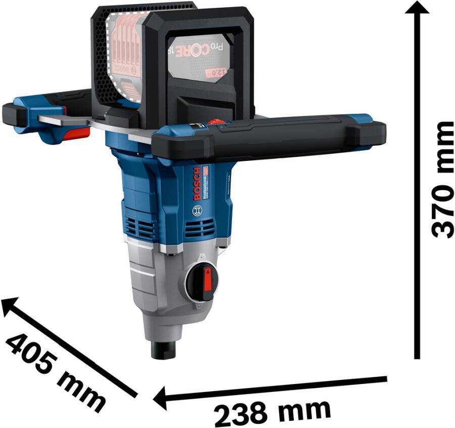 Bild eines blauen Bosch-Elektrowerkzeugs mit Griffen an beiden Seiten. Abmessungen: 320 mm Höhe, 238 mm Breite und 405 mm Tiefe.