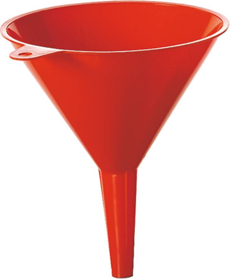 Ein roter Plastiktrichter mit breiter Öffnung und engem Ausguss, der zum Einfüllen von Flüssigkeiten oder Pulver in Behälter verwendet wird.