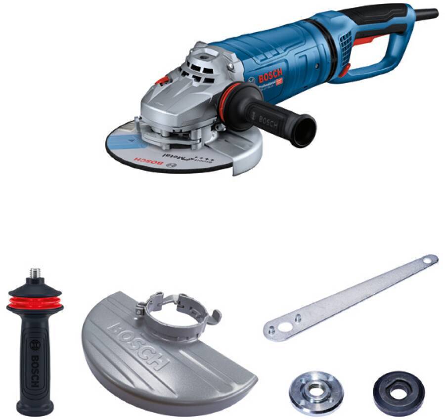Eine elektrische Winkelschleifmaschine mit einem blauen Gehäuse, beschriftet mit 'Bosch', begleitet von verschiedenen Anbauteilen einschließlich eines Handgriffs, eines Schutzbleches, eines Schlüssels und Scheiben.