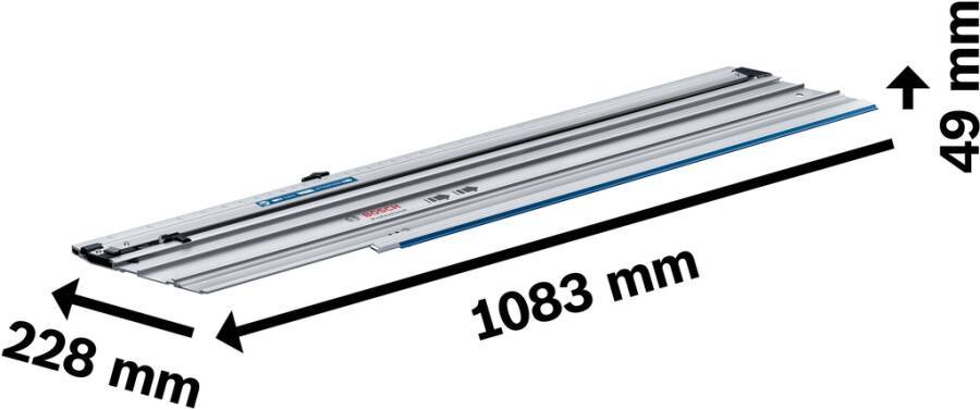 Ein Nahaufnahmebild einer Bosch Führungsschiene für Kreissägen, die 1083 mm lang ist, mit metallischer Oberfläche und blauem Kantenprofil.