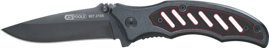 Eine Nahaufnahme eines schwarzen Taschenmessergriffs mit strukturierter Oberfläche und sichtbaren Schrauben, die das ergonomische Design des Messers hervorheben.