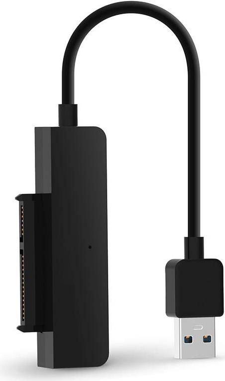 Ein schwarzer USB-zu-HDMI-Adapter mit angeschlossenen Kabeln, mit elegantem rechteckigem Design und zwei sichtbaren Anschlussports.