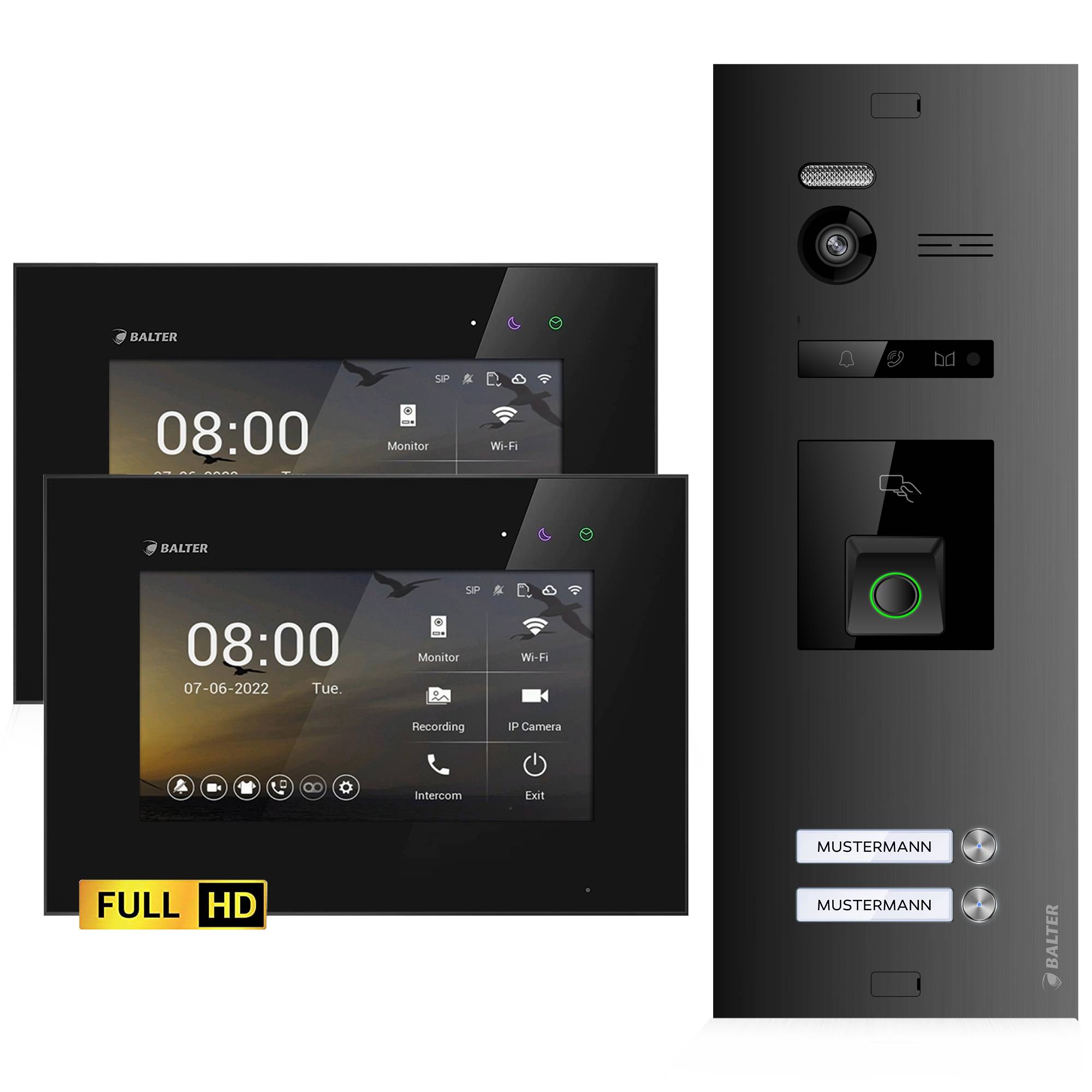 HD Video Türsprechanlage mit Fingerprint und RFID für 2 Familienhaus, 2x Monitor, Balter EVO HD Fingerprint