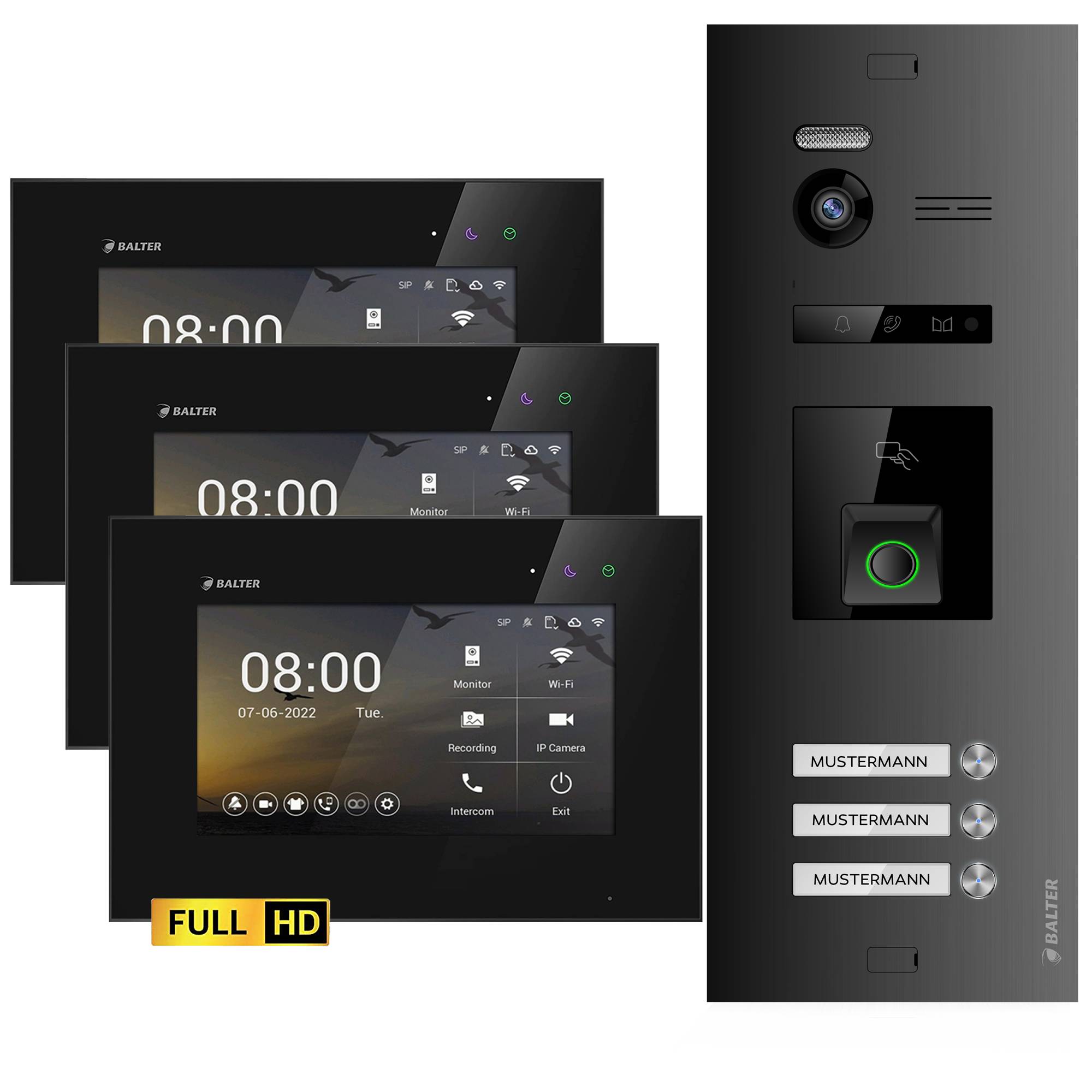 HD Video Türsprechanlage mit Fingerprint und RFID für 3 Familienhaus, 3x Monitore, Balter EVO HD Fingerprint