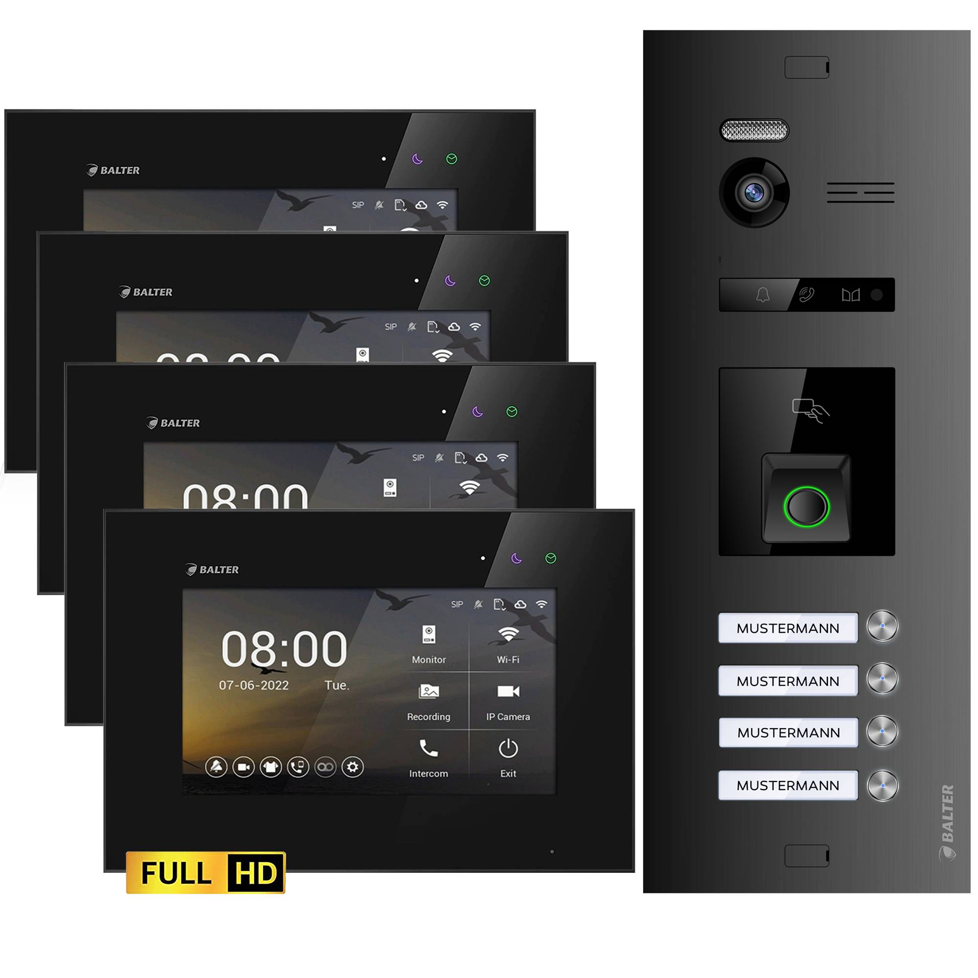 HD Video Türsprechanlage mit Fingerprint und RFID für 4 Familienhaus, 4x Monitore, Balter EVO HD Fingerprint