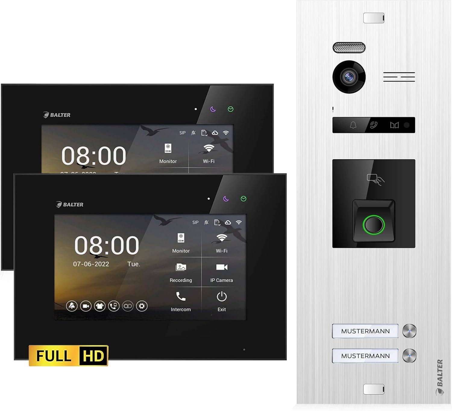 HD Video Türsprechanlage mit Fingerprint und RFID für 2 Familienhaus, 2x Monitor, Balter EVO HD Fingerprint
