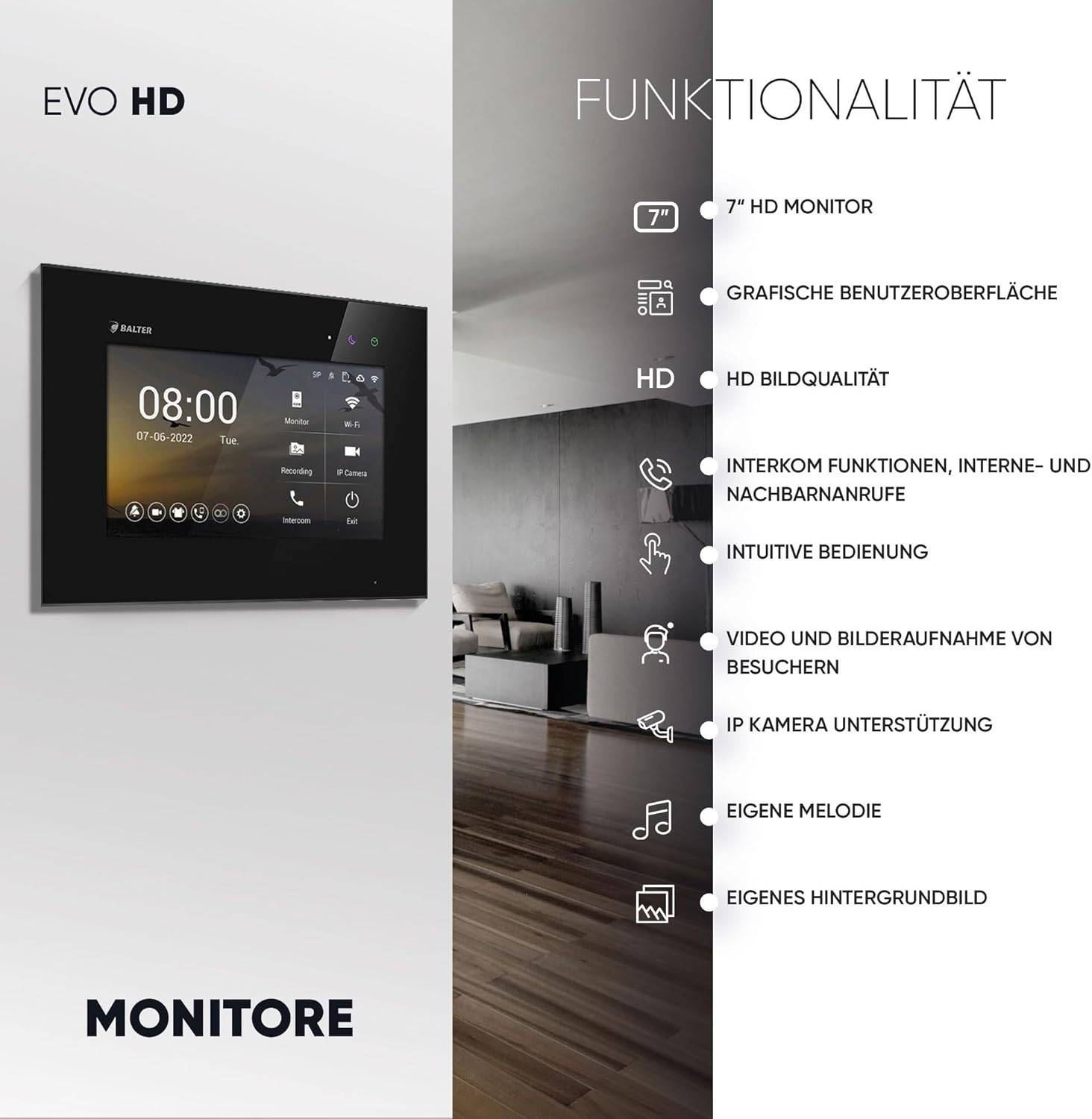 HD Video Türsprechanlage mit Fingerprint und RFID für 2 Familienhaus, 2x Monitor, Balter EVO HD Fingerprint