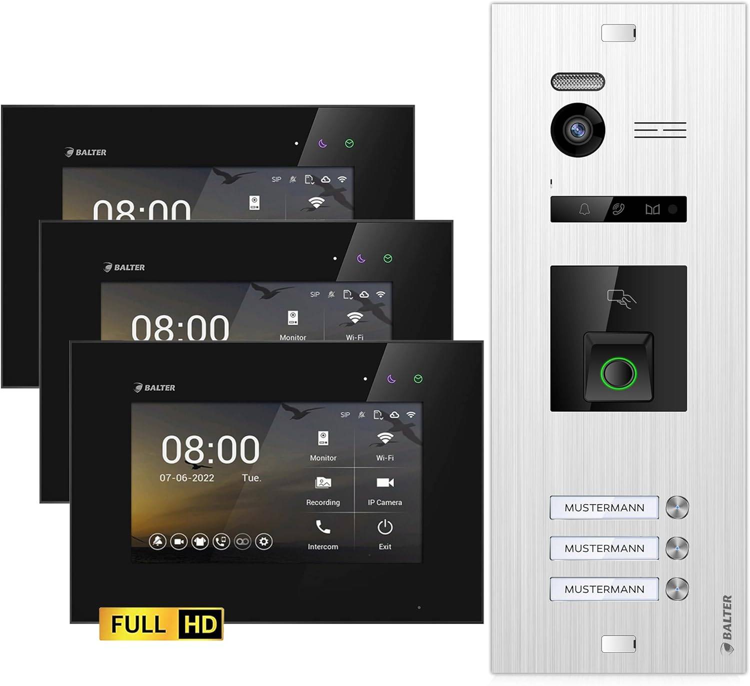 HD Video Türsprechanlage mit Fingerprint und RFID für 3 Familienhaus, 3x Monitore, Balter EVO HD Fingerprint