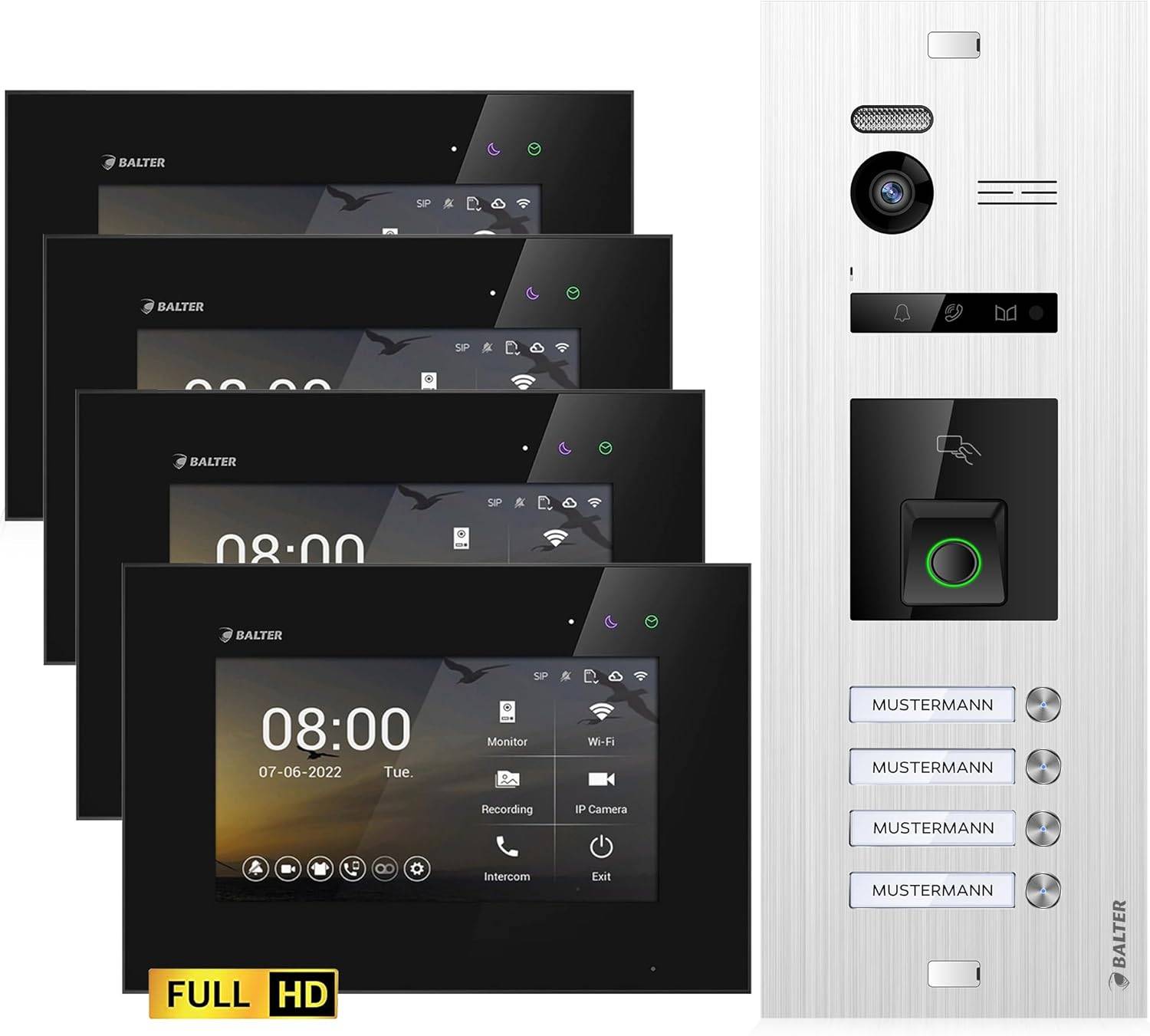Balter EVO HD Video Türsprechanlage mit Fingerprint und RFID für 4 Familienhaus, 4x Monitore