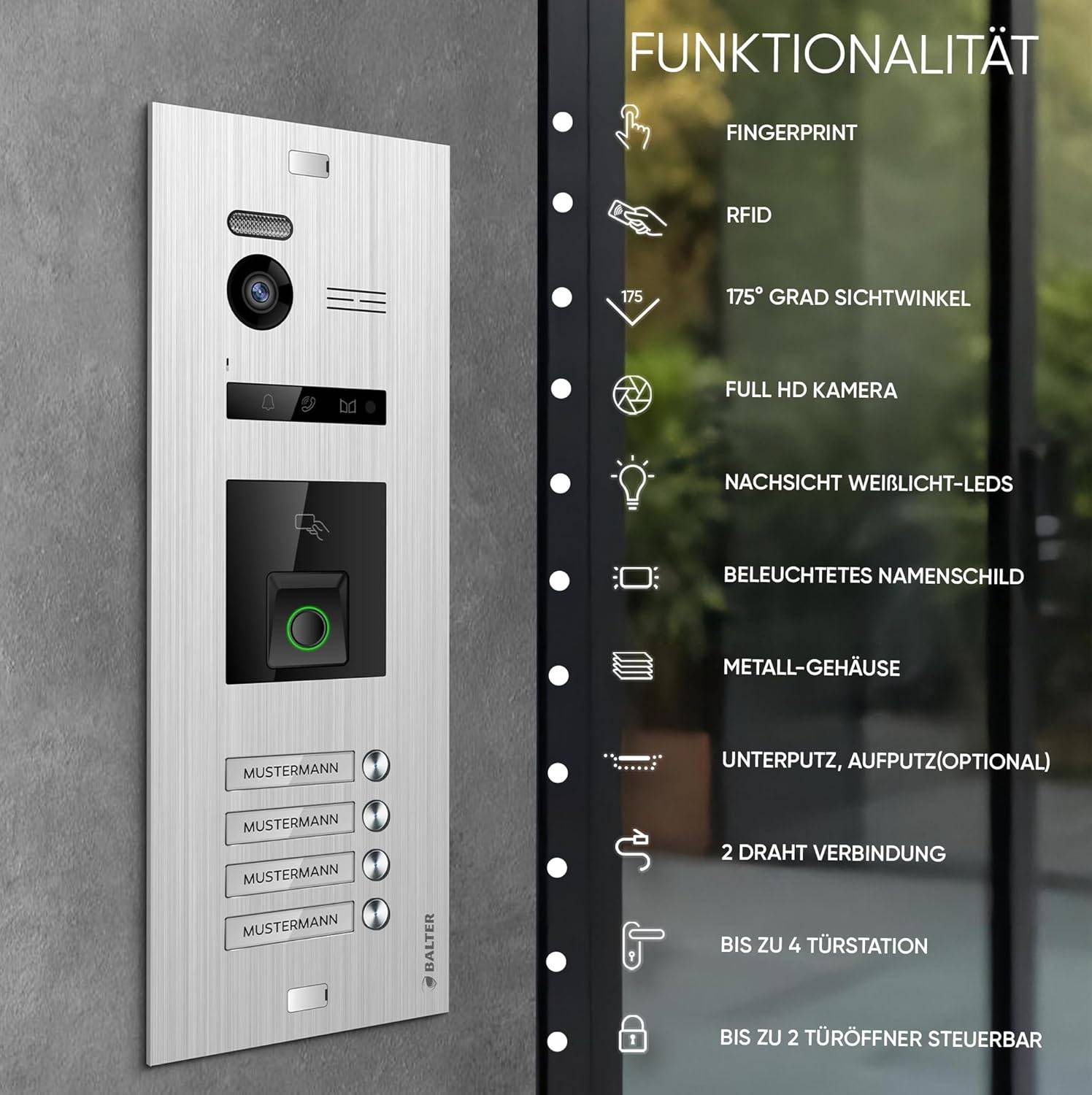 Balter EVO HD Video Türsprechanlage mit Fingerprint und RFID für 4 Familienhaus, 4x Monitore