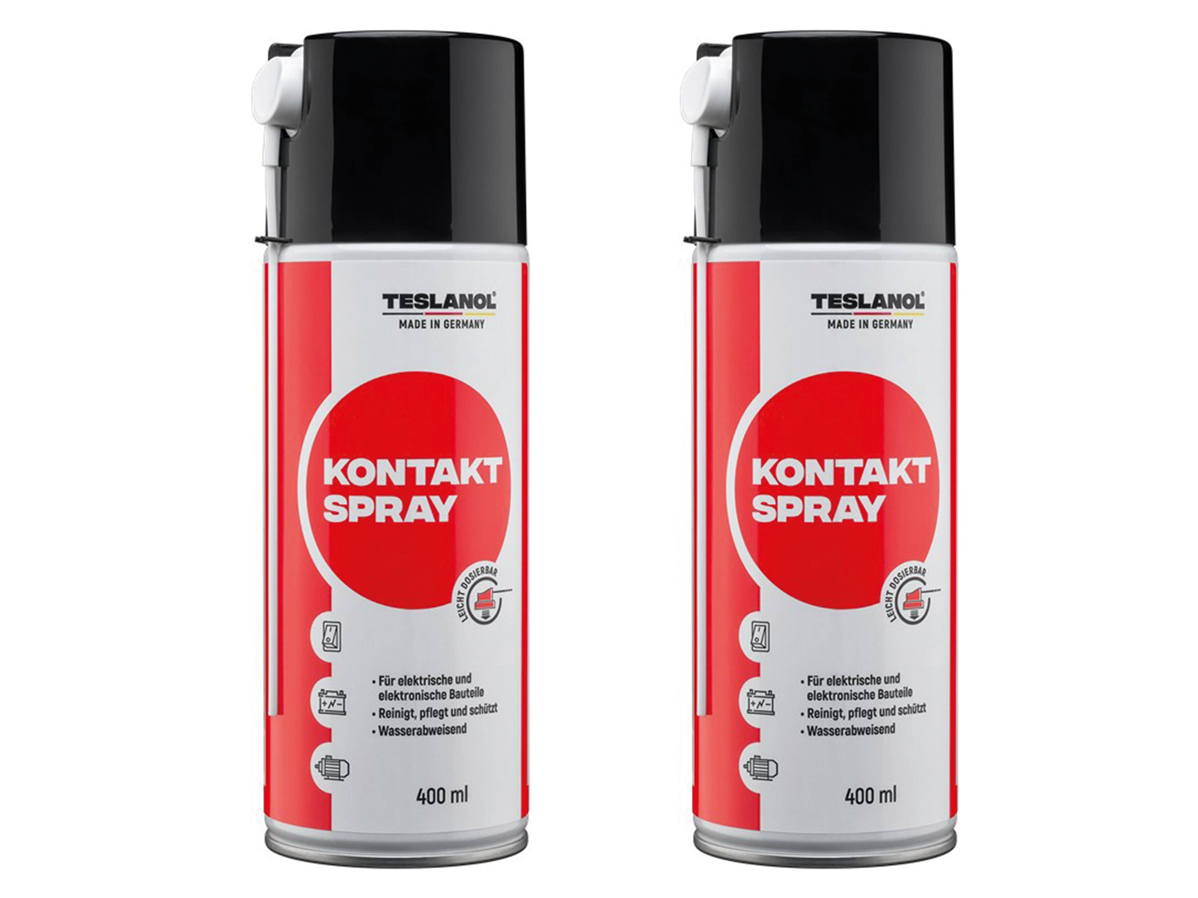 Zwei Dosen TESLANOL Kontakt Spray, 400 ml, zur Reinigung und zum Schutz von Elektrobauteilen, auf weißem Hintergrund gezeigt.