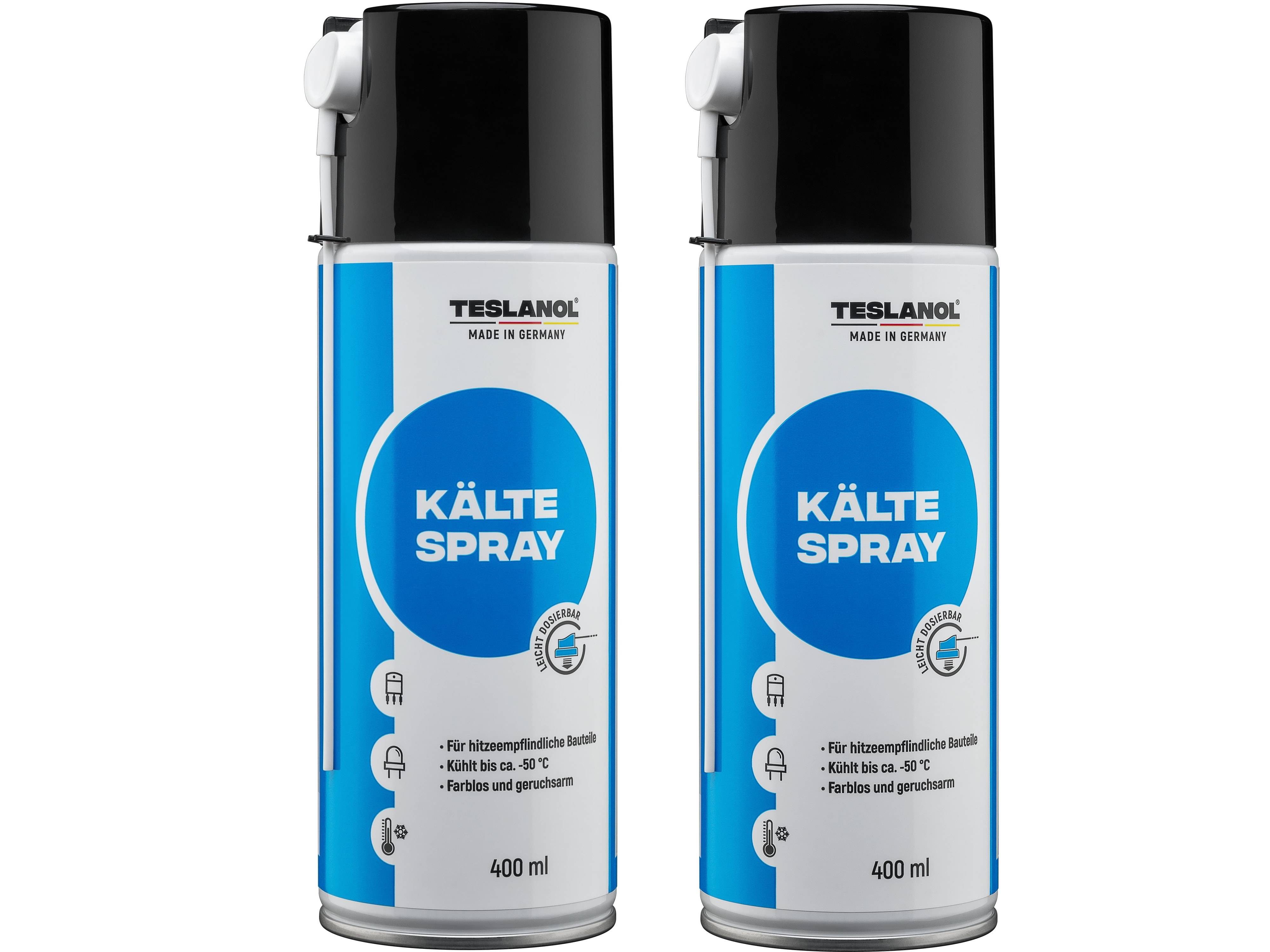 Zwei Dosen Teslanol Kältespray, je 400 ml, gekennzeichnet zum Kühlen empfindlicher Komponenten bis -50°C, keine Spuren hinterlassend und geruchsfrei.