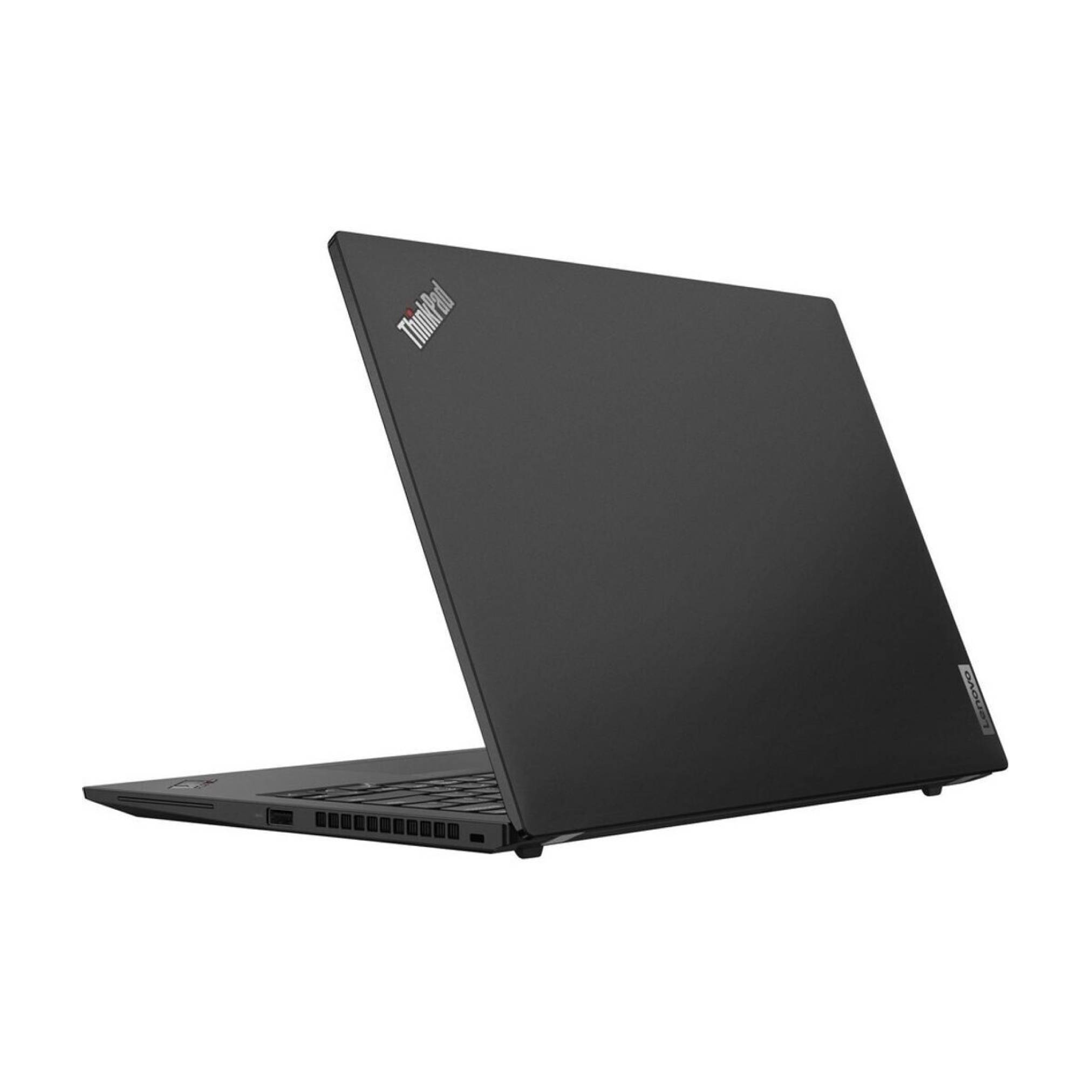 Ein schwarzer Laptop, der teilweise geöffnet ist und die Rückseite mit einem Logo in der Ecke zeigt. Kein sichtbarer Bildschirm oder Tastatur. Schlichtes und elegantes Design.