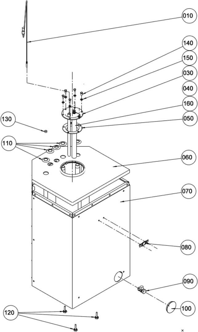 Eine Explosionszeichnung einer mechanischen Baugruppe mit gekennzeichneten Komponenten, einschließlich der Nummern 030, 040, 050, 060, 070, 080, 110, 130 und 160.