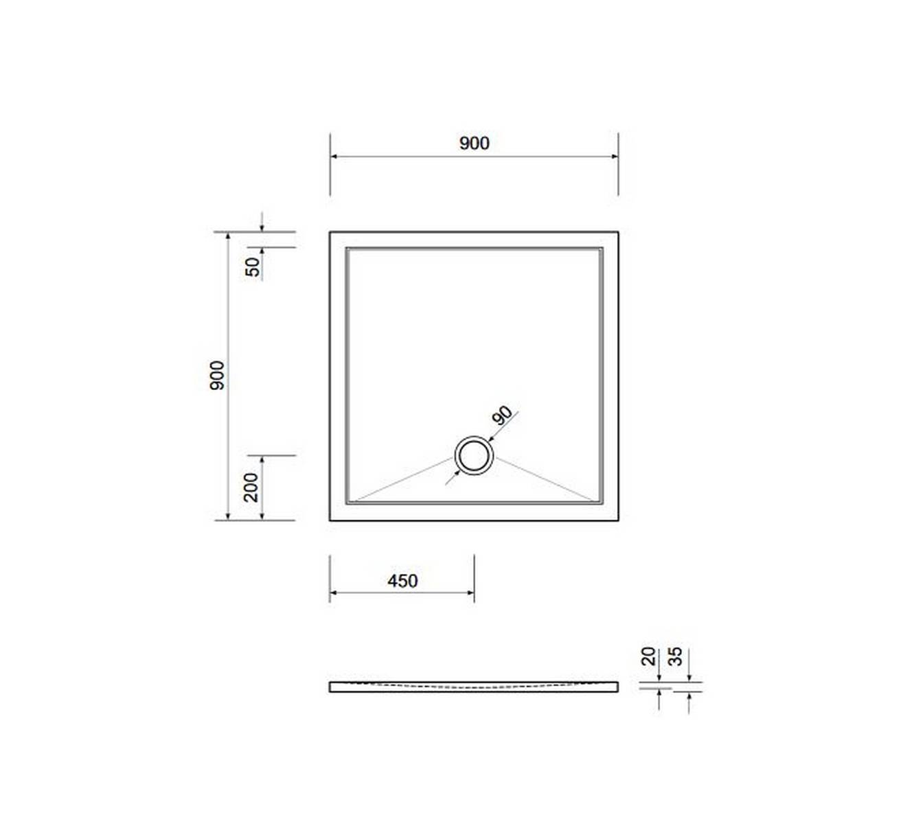 Schröder Viereck Duschwanne Deepstone E 90x90x2 cm weiß, Mineralguss