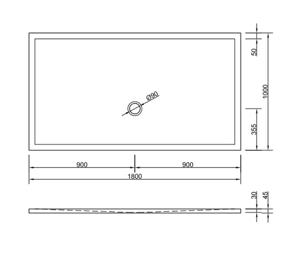 Rechteckiges Diagramm zur Darstellung der Abmessungen eines Duschträgers. Draufsicht: Breite 1800 mm, Tiefe 900 mm, Ablauf mittig platziert. Seitenansicht: Höhe 30 mm.