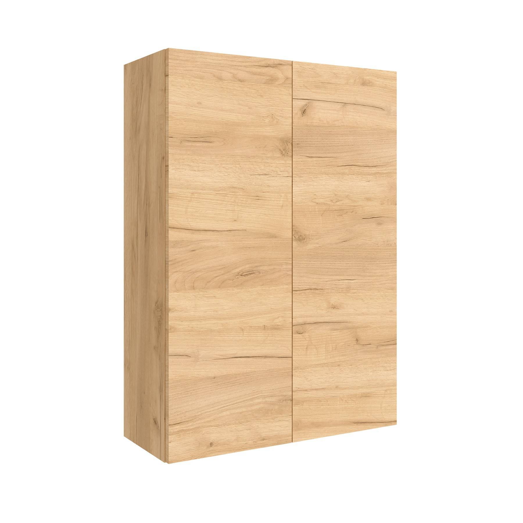 Ein Holzkleiderschrank mit einer hellen Eichenoberfläche, ausgestattet mit zwei großen Türen.