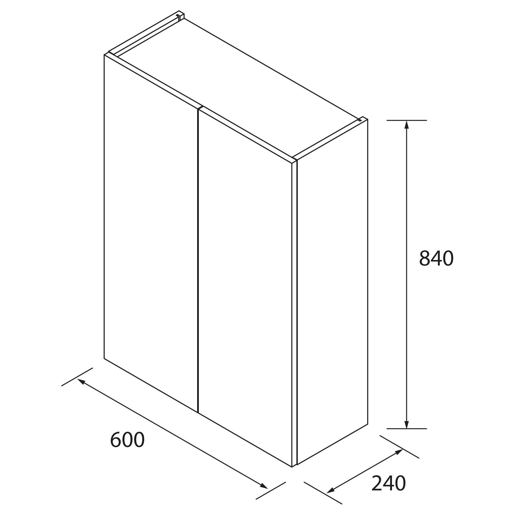 Isometrische Zeichnung eines rechteckigen Kastens mit geschlossenen Seiten, beschriftet mit den Maßen: 600 Breite, 240 Tiefe und 840 Höhe.