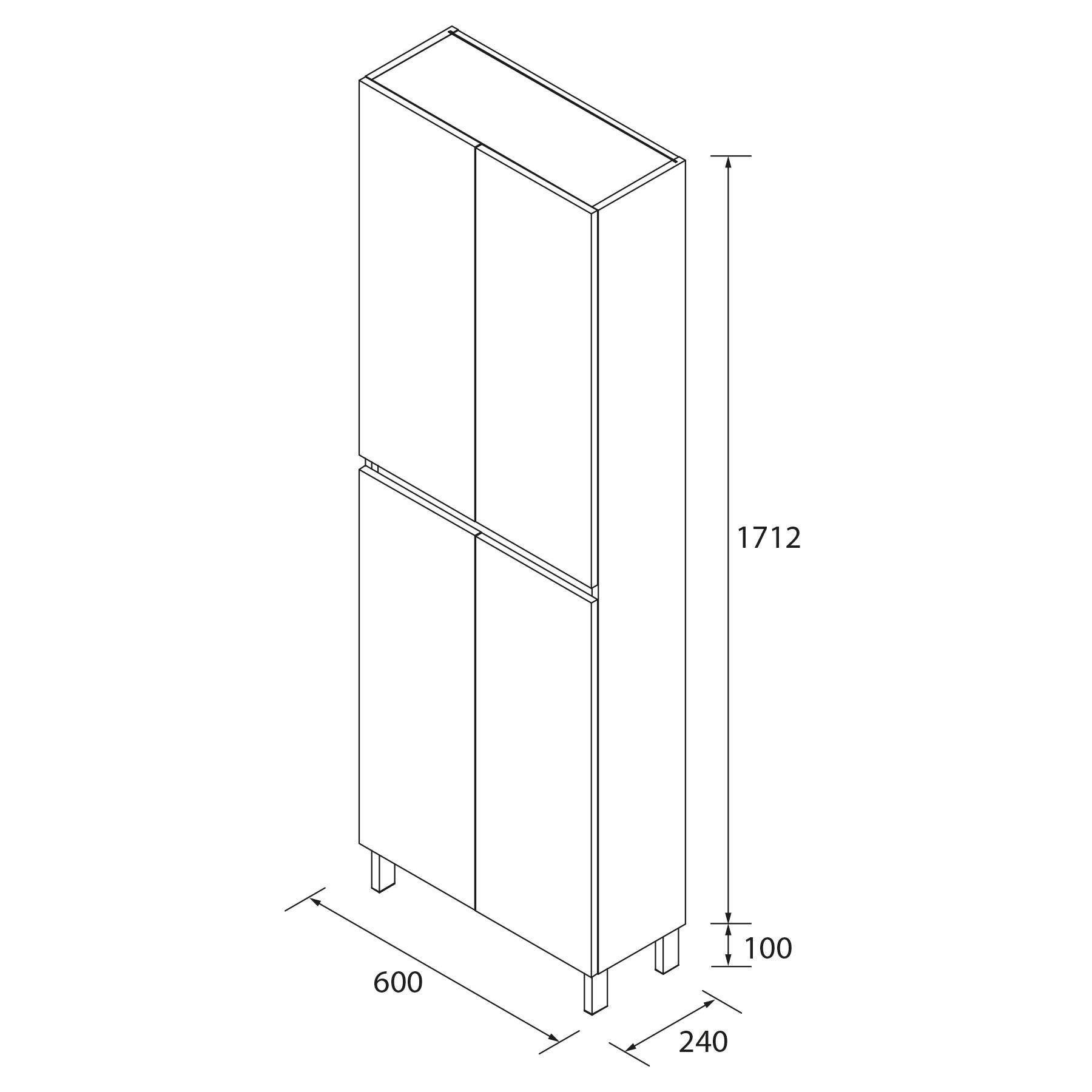 Eine Linienzeichnung eines hohen Schranks mit vier Türen, zwei oben und zwei unten, mit markierten Abmessungen: Höhe 1712 mm, Breite 600 mm, Beinenhöhe 100 mm, Abstand 240 mm.