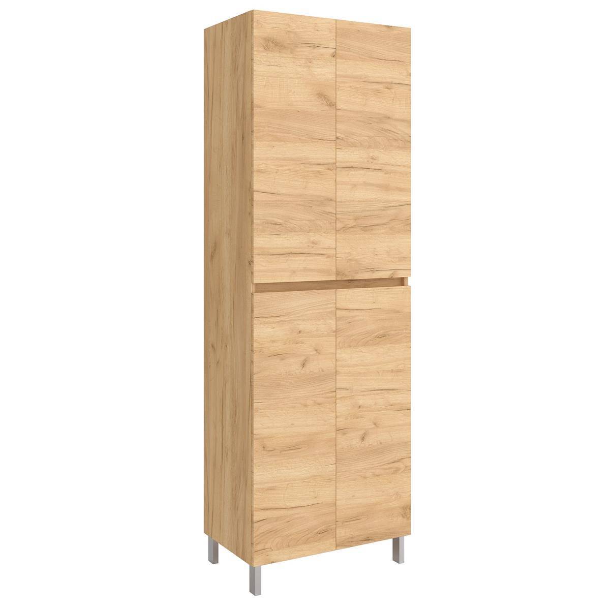 Hohes Lagerschrank aus hellem Holz mit zwei Türen oben und zwei Türen unten, stehend auf Metallbeinen vor weißem Hintergrund.