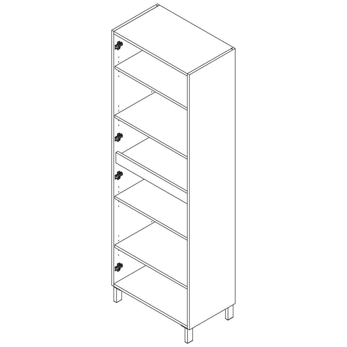 Hoher, schmaler Schrank mit aufgeschlagener Flügeltür, der fünf Innenregale zeigt und eine einfache Linienzeichnung des Lagerschrankes.