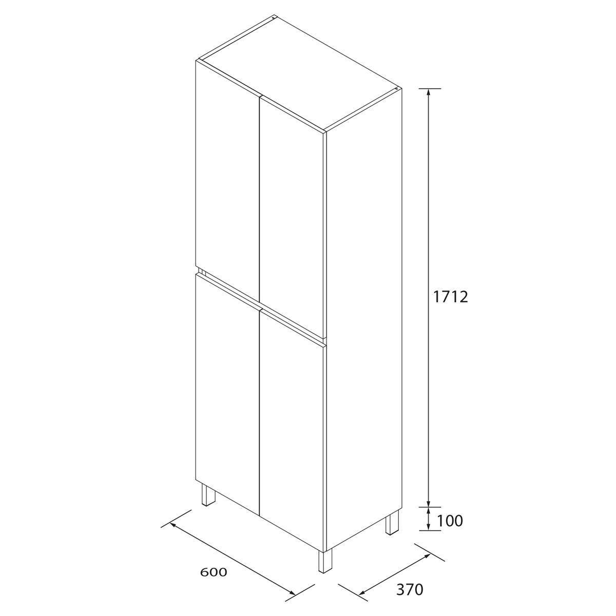 Maßstabgerechte Linienzeichnung eines hohen zweitürigen Schranks mit vier Beinen, beschriftet mit 1712 mm Höhe, 600 mm Breite und 370 mm Tiefe.