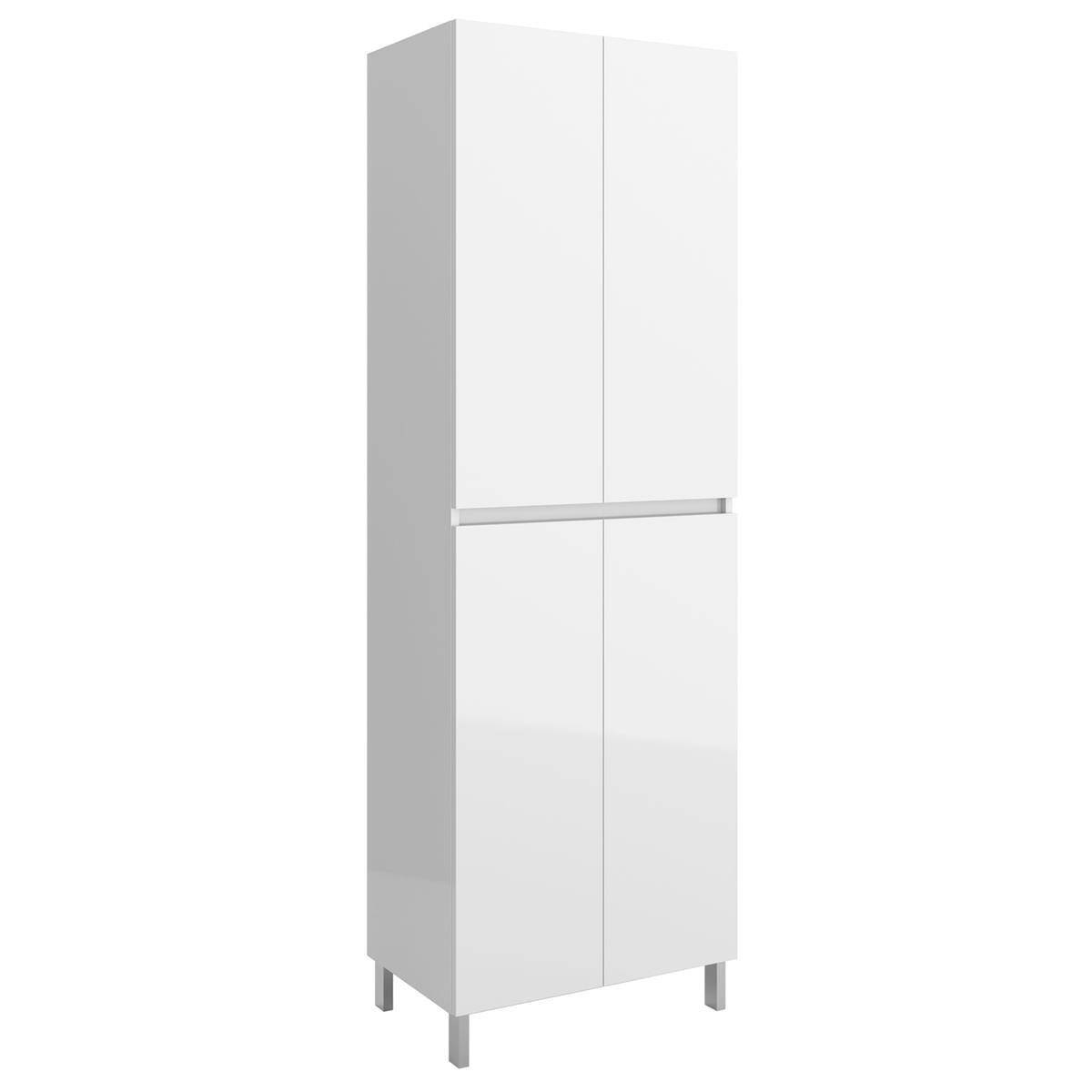 Weißer hoher viertüriger Schrank oder Kleiderschrank mit schlanken Beinen, isoliert auf einfachem Hintergrund gezeigt.