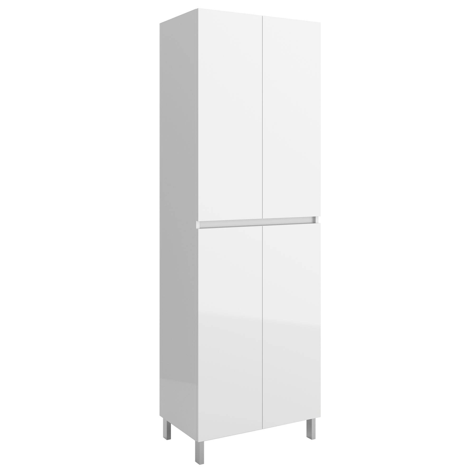 Ein hoher, weißer, freistehender Küchenschrank mit vier Türen, auf Beinen stehend, konzipiert zur Aufbewahrung, mit einer schlichten, modernen Erscheinung.