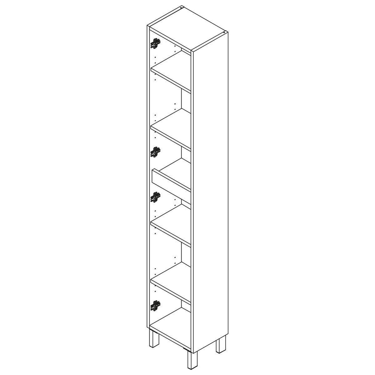 Hohes schlankes Schrank mit offener Vorderseite, mehreren verstellbaren Regalen und einem geschlossenen Seitenpanel, dargestellt als isometrisches Möbeldiagramm.