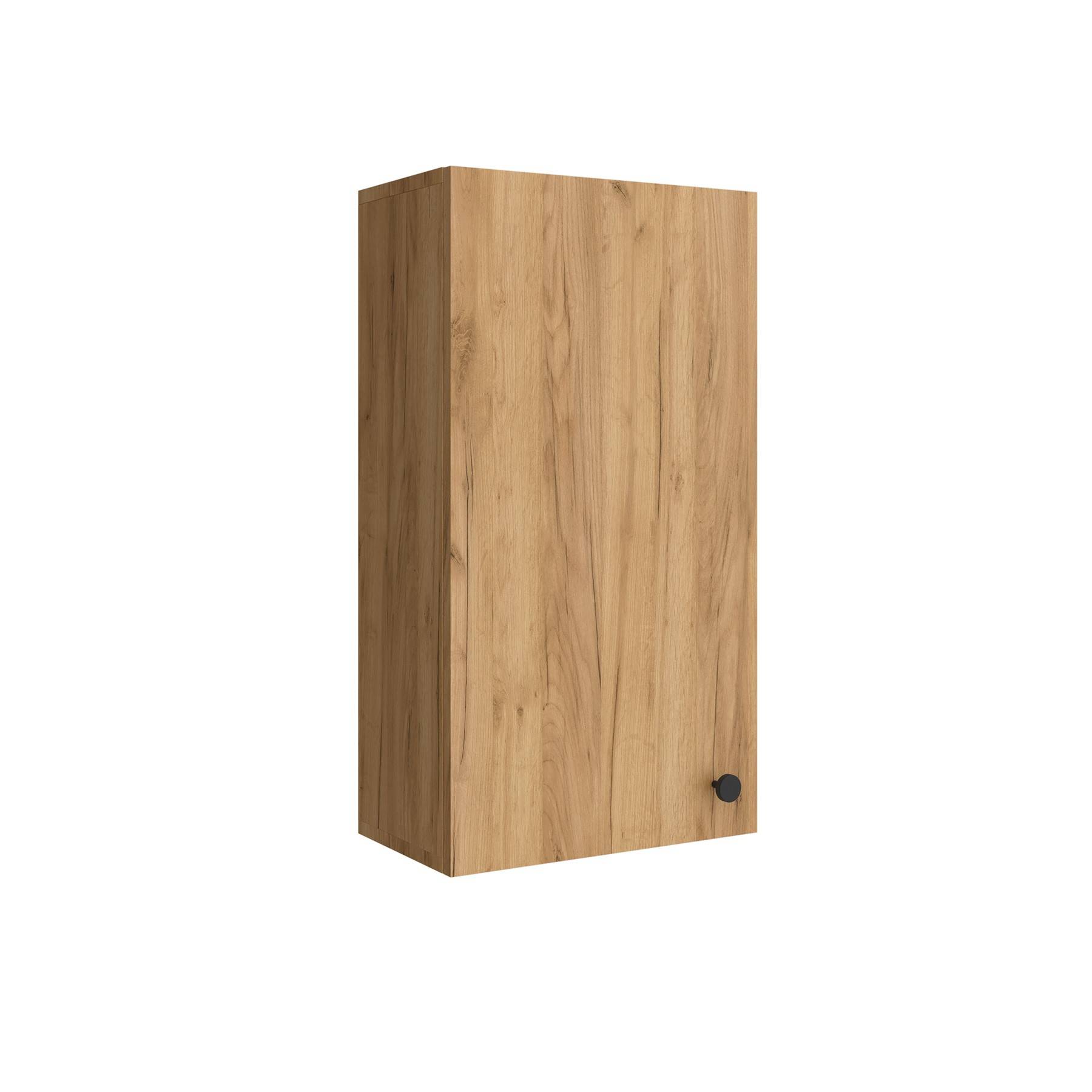 Ein Wandschrank aus Holz mit einer einzelnen Tür und einem schwarzen runden Griff, mit einer natürlichen Eichenholz-Oberfläche.