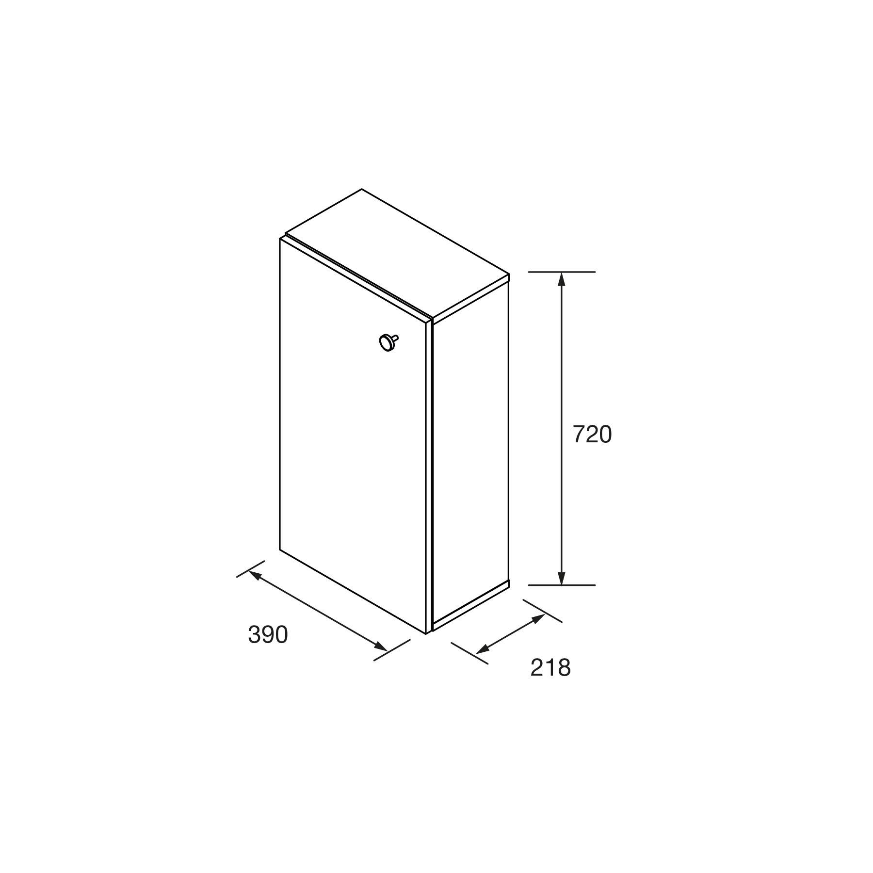 Diagramm einer rechteckigen Box mit Maßen: Höhe 720 mm, Breite 390 mm, Tiefe 218 mm.