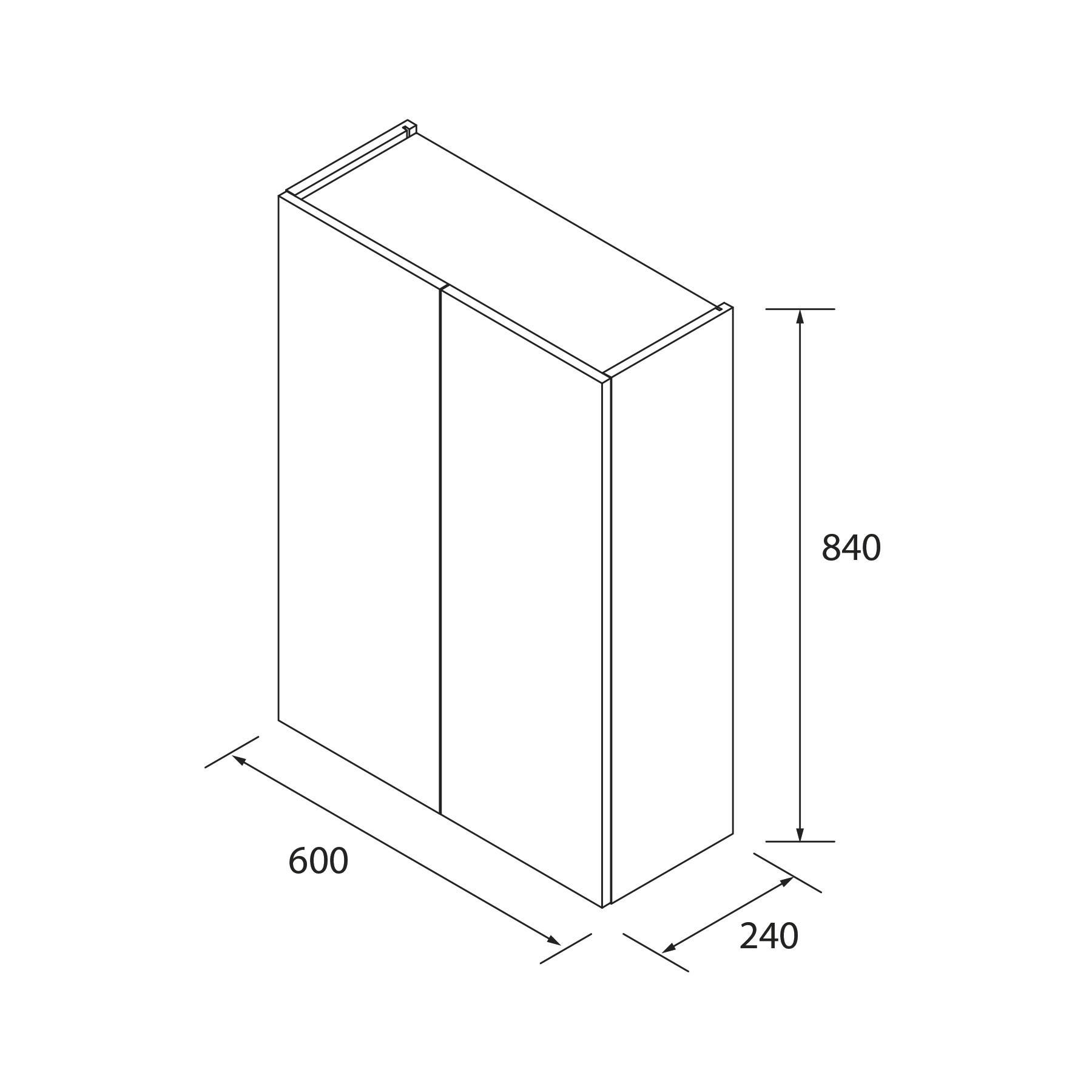 Eine Linienzeichnung eines rechteckigen Schranks mit folgenden Abmessungen: 840 mm Höhe, 600 mm Breite und 240 mm Tiefe.