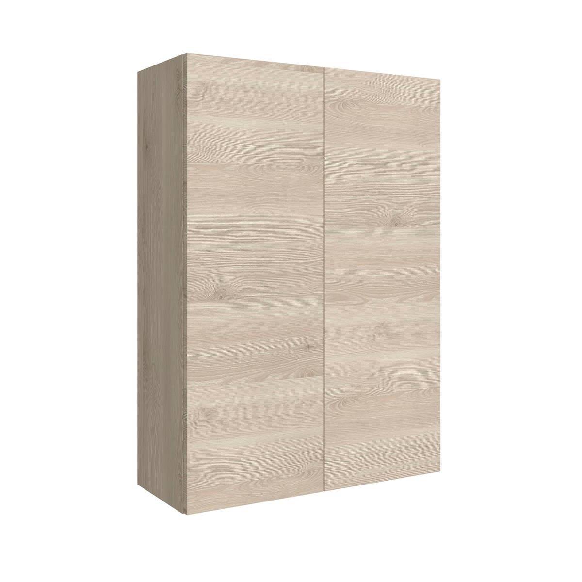 Helles Holz Zweitüriger Kleiderschrank oder Schrank auf weißem Hintergrund.