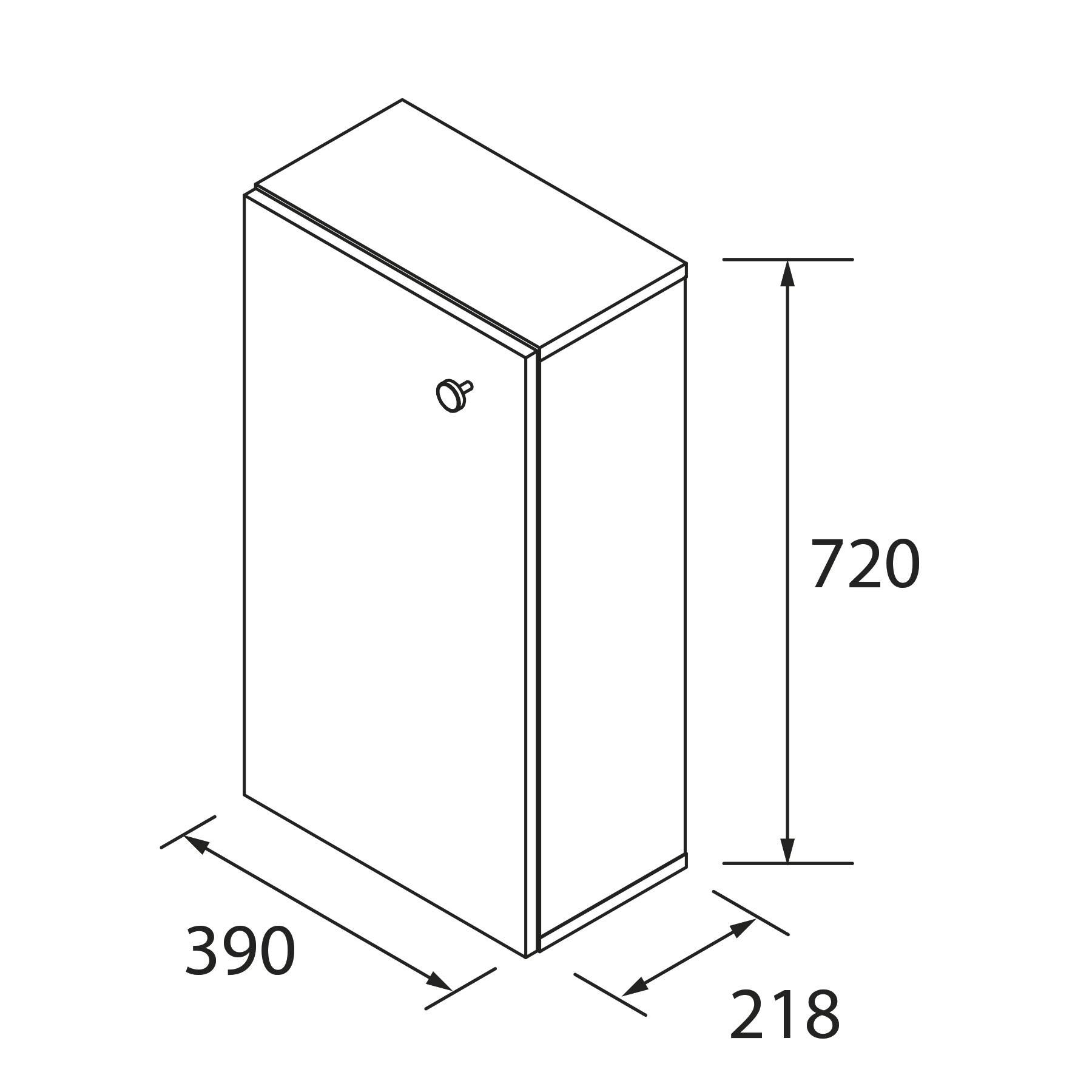 Rechteckiger Schrank mit einem Schlüsselloch an der Vorderseite. Abmessungen angegeben: Höhe 720 mm, Tiefe 218 mm, Breite 390 mm; wesentlich für die räumliche Planung.