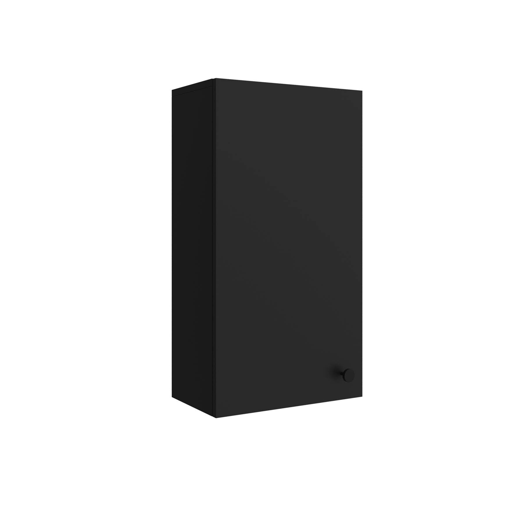 Ein schwarzer, rechteckiger wandmontierter Schrank mit einem kleinen runden Griff, geschlossen und minimalistisch im Design.