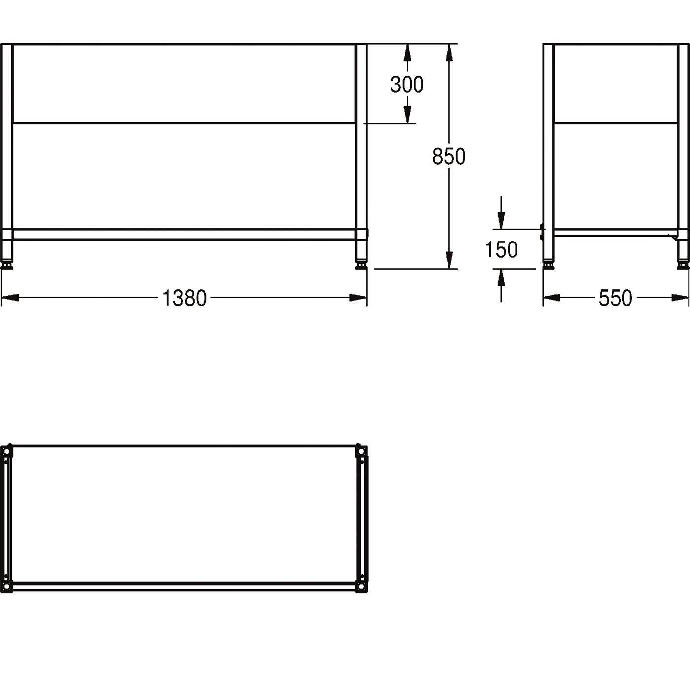 Technische Zeichnung eines rechteckigen Tischrahmens mit beschrifteten Abmessungen 1380 mm Breite, 550 mm Tiefe, 850 mm Höhe und 300 mm oberer Bereich; Draufsicht und Seitenansicht dargestellt.