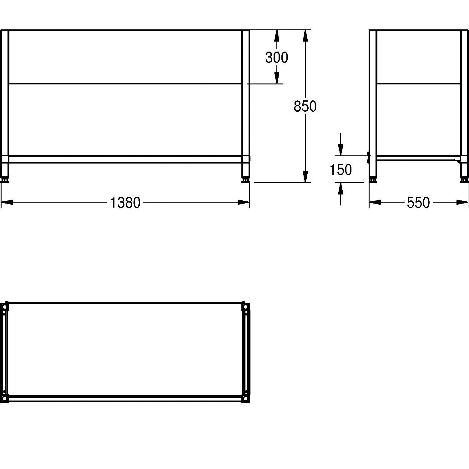 Bauplan eines rechteckigen Schreibtisches mit Abmessungen: Breite 1380 mm, Höhe 850 mm, Tiefe 550 mm und einer Oberkante-Freihöhe von 300 mm.