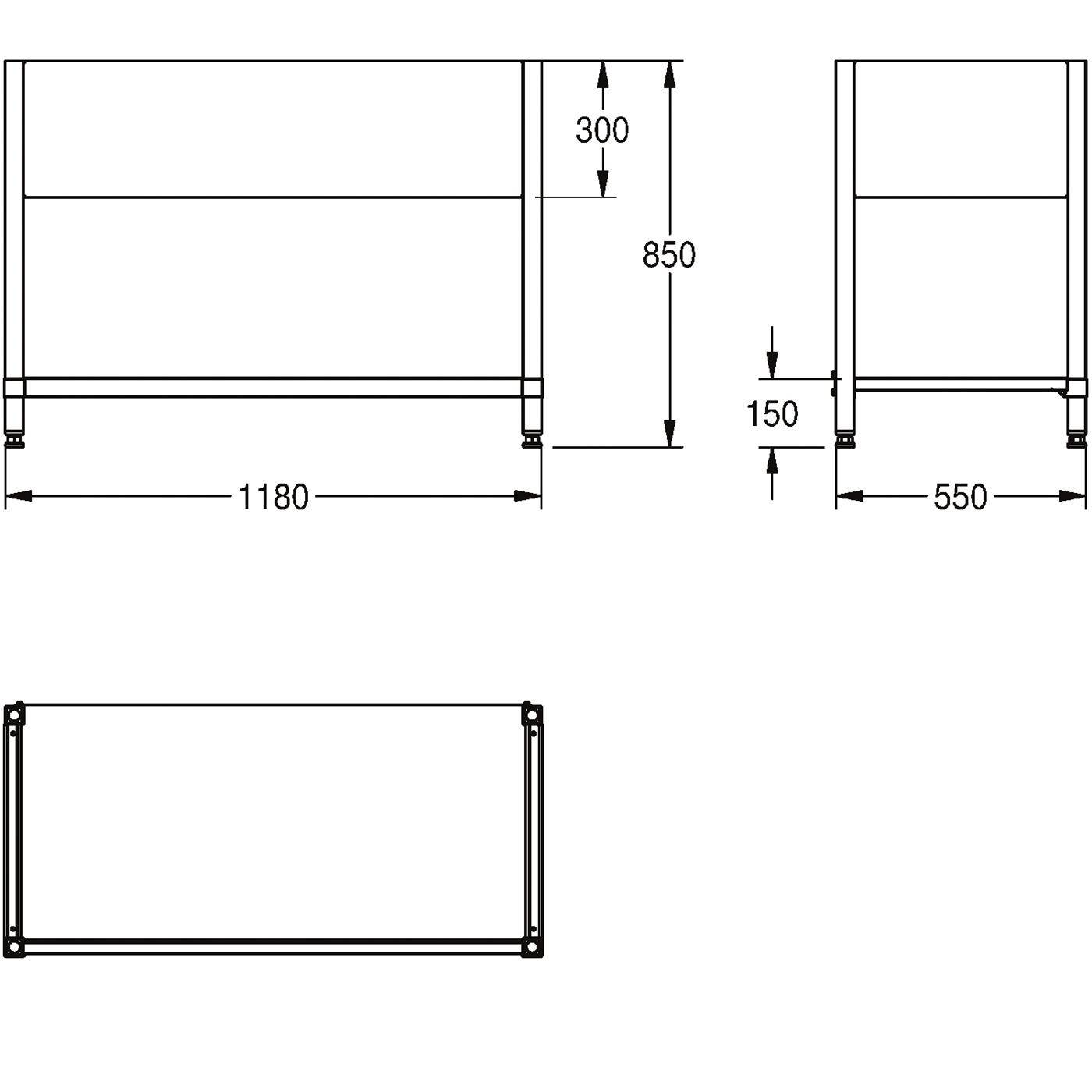 Technische Strichzeichnung eines rechteckigen Wagen- oder Tischrahmens mit beschrifteten Abmessungen: 1180 mm Breite, 550 mm Tiefe, 850 mm Höhe und Abschnittshöhen von 300 mm/150 mm.