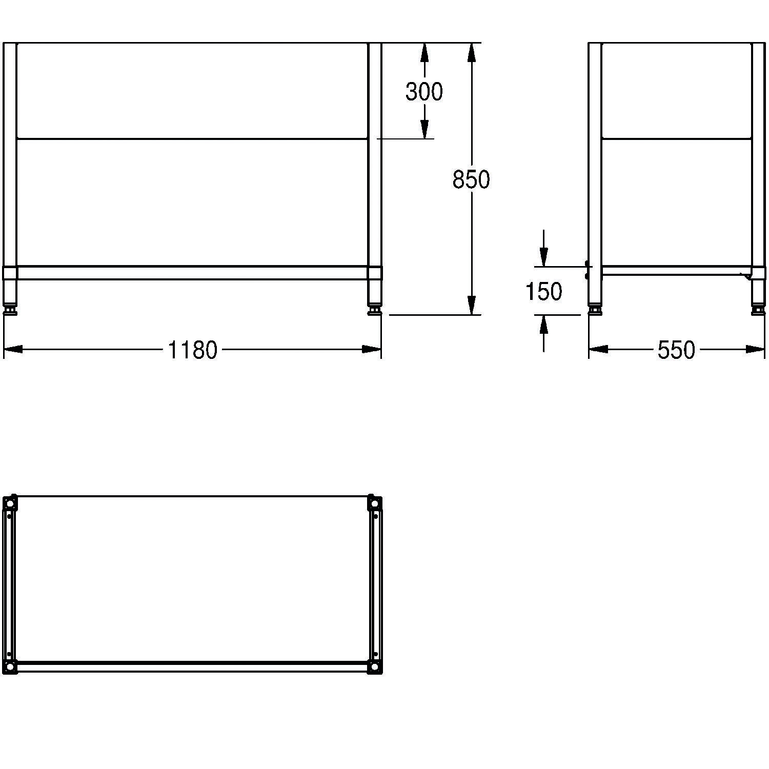 Technische Bauzeichnung einer rechteckigen Struktur mit Maßen: 1180x550 mm Grundfläche, 850 mm Höhe, 150 mm Beinfreiheit.