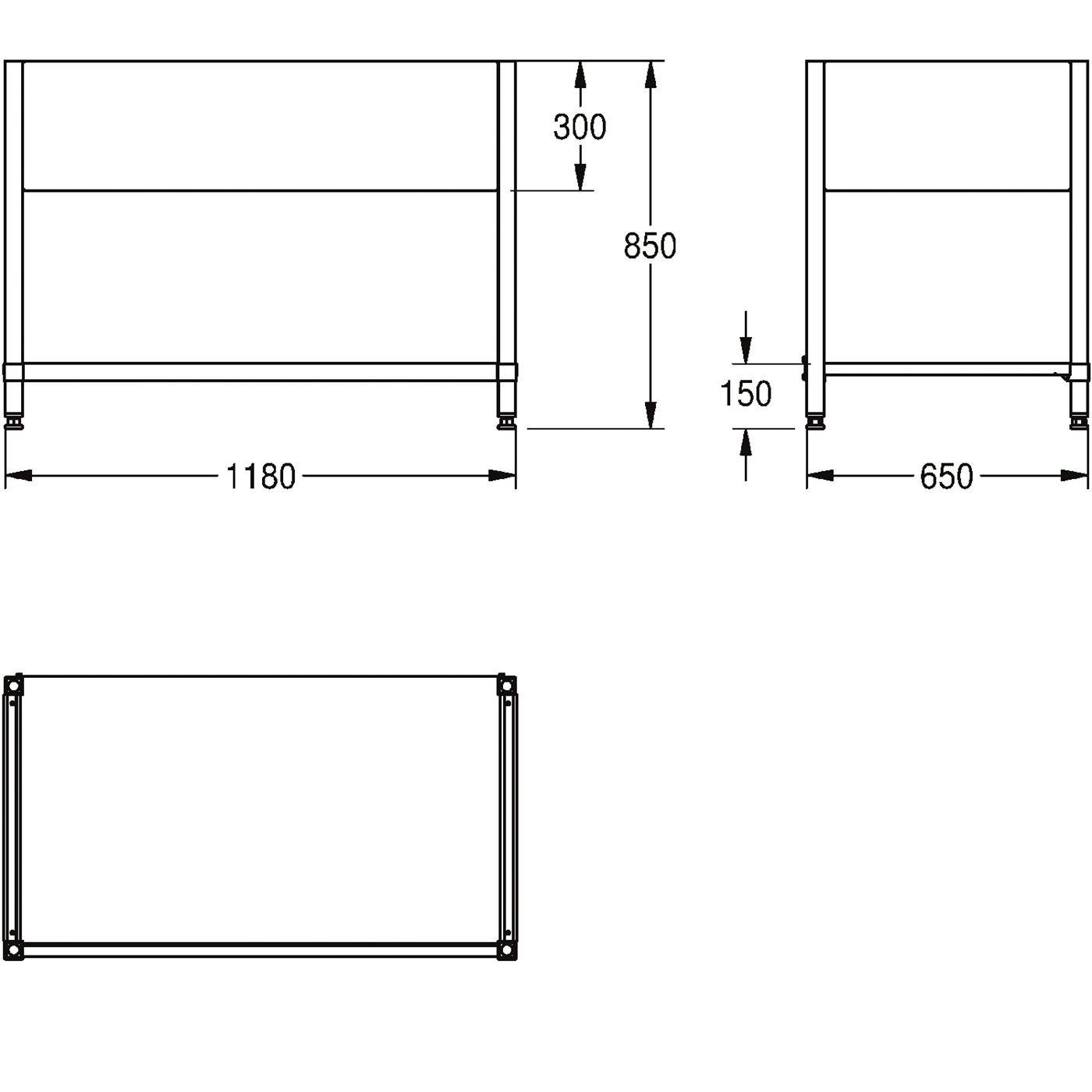 Technische Zeichnung eines rechteckigen Schranks oder Tisches mit den gekennzeichneten Abmessungen 1180 mm Breite, 650 mm Tiefe und 850 mm Höhe, plus 300 mm und 150 mm Messungen.