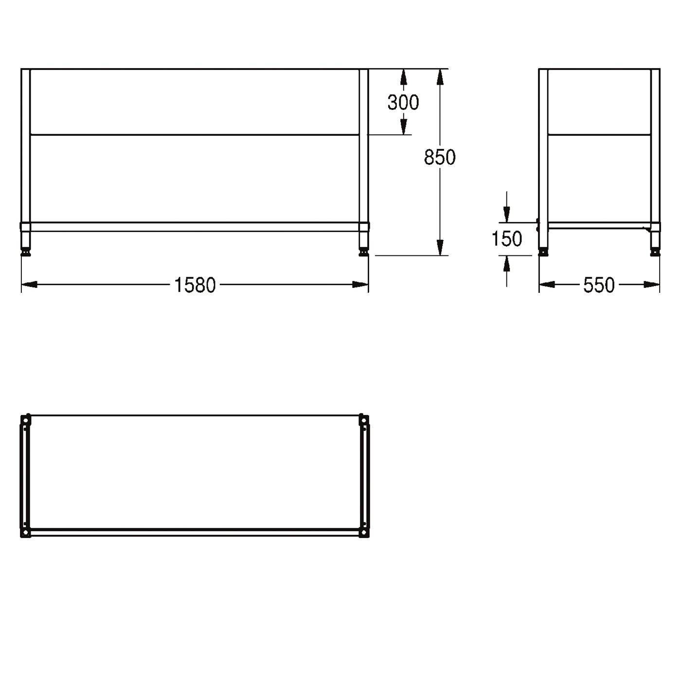 Technische Zeichnung eines rechteckigen Rahmens oder Schranks mit Vorder-, Seiten- und Draufsicht mit Abmessungen 1580 mm Breite, 850 mm Höhe, 550 mm Tiefe und Detailhöhen von 300 mm/150 mm.
