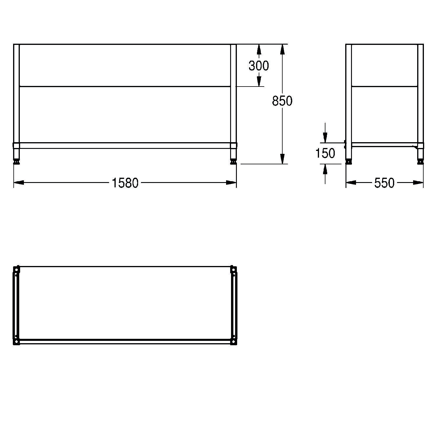 Diagramm eines rechteckigen Tisches mit Maßen: 1580 mm Länge, 850 mm Höhe und 550 mm Breite, Regalhöhen bei 300 mm und 150 mm.