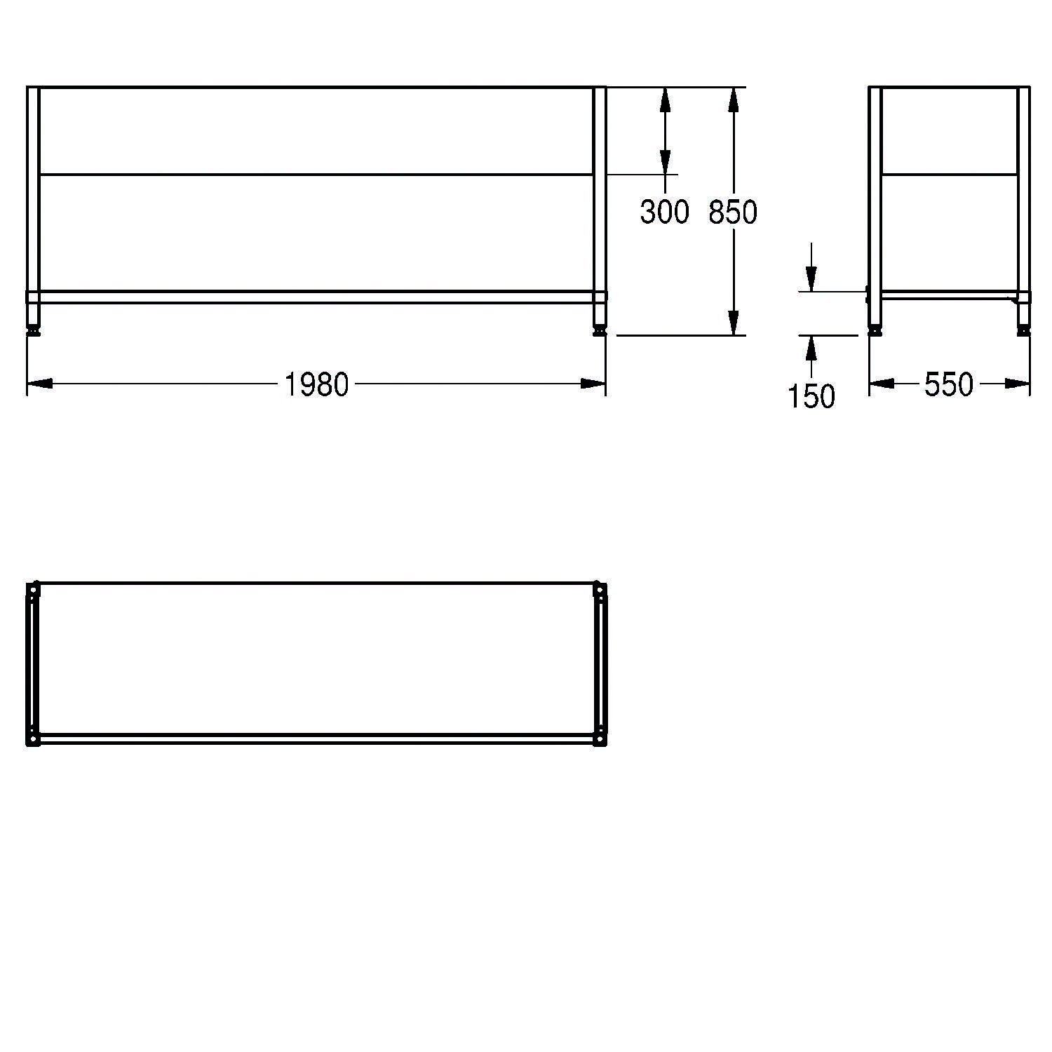Technische Zeichnung eines rechteckigen Regalsystems: 1980 mm breit, 550 mm tief, mit Abschnitten von 300 mm und 850 mm Höhe, mit 150 mm hohem Sockelabstand.